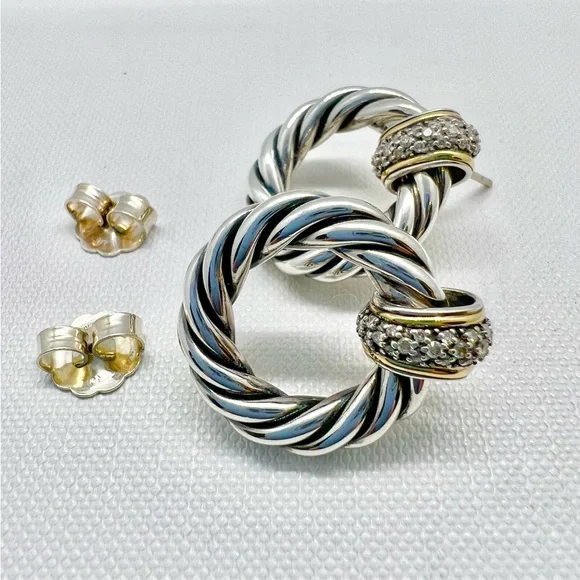 David Yurman Sterling Silver 18k Diamond Cable Door Knocker Earrings - Picture 12 of 12